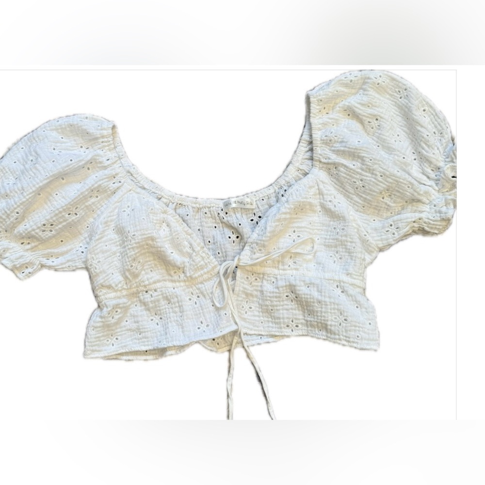 White Cotton Front Tie  Eyelet Crop Top SZ M
